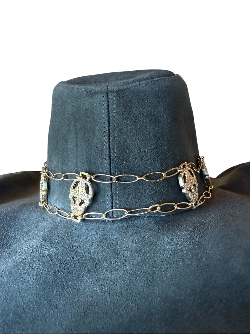 Gold Link Chain Hat Band with Thomas Wylde skulls